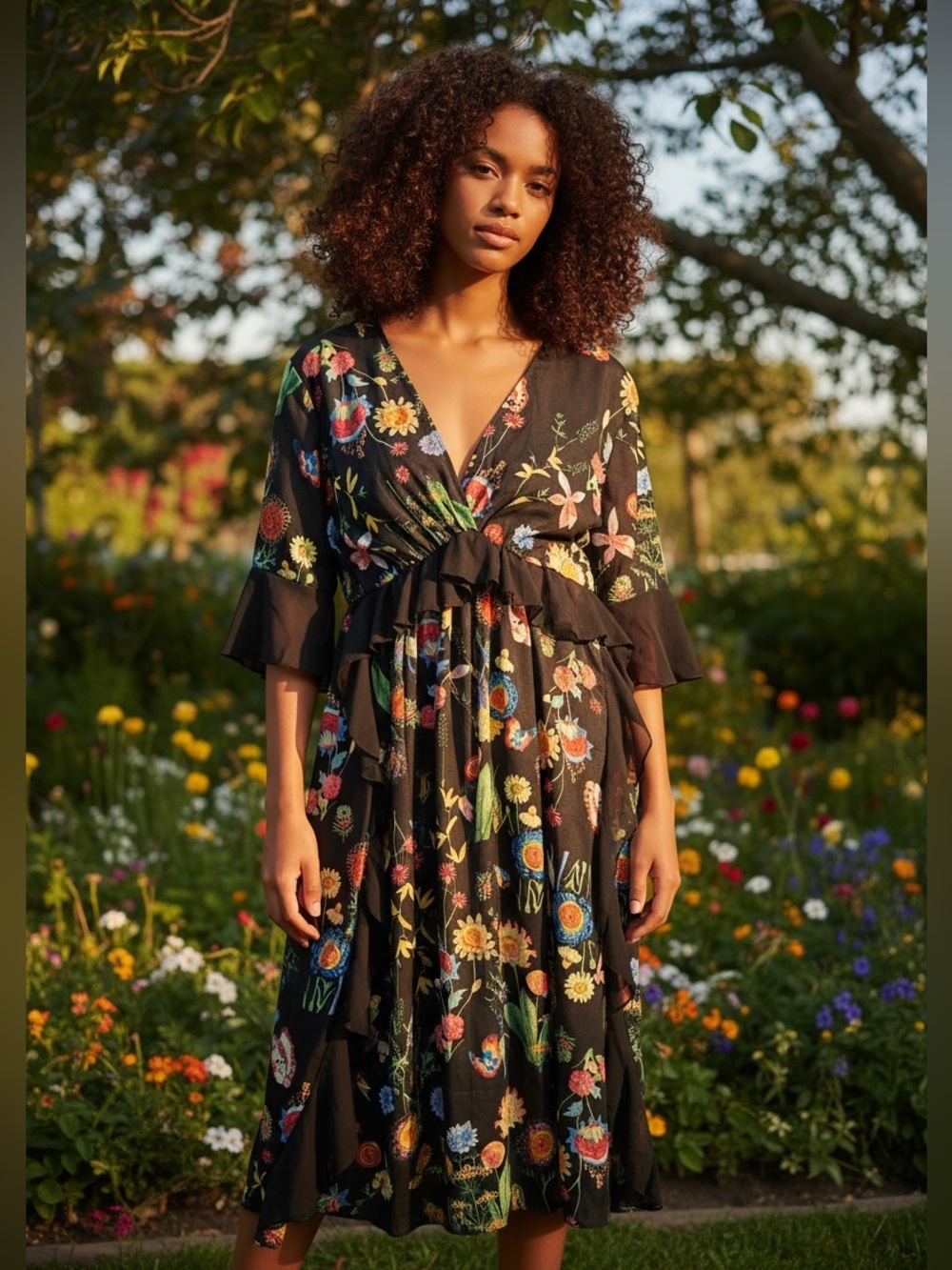 Vicky and Lucas Boho Chic V-Neck‎ Black Floral Midi Dress with Ruffle Trim